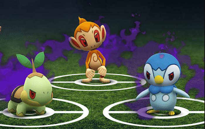 Generation 4 starter Pokémon Chimchar, Turtwig, and Piplup in Pokémon GO.